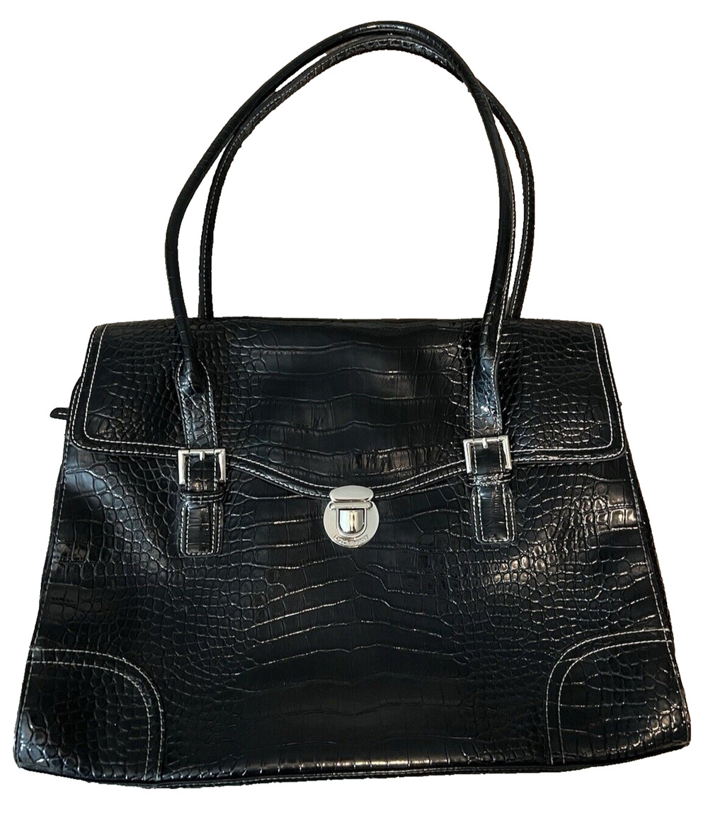Liz Claibourne Black Faux Croc Laptop Briefcase Satchel Designer Messenger Bag